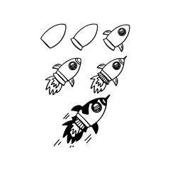 Step by step guide for drawing a cartoon rocket ship soaring through space, easy to follow tutorial