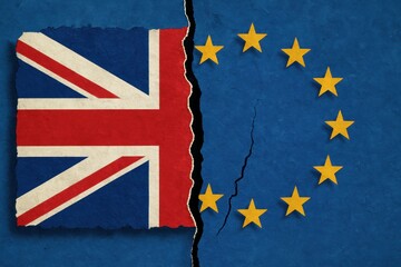 Brexit Conceptualization: A visual representation of the split between the United Kingdom and the European Union, with the UK flag and EU symbol separated by a fractured line.