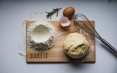 Baking Essentials Flat Lay Flour, Eggs, Whisk, and Dough in Preparation
