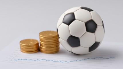 Soccer Ball on Financial Chart with Stacked Coins Representing Investment and Growth in Sports Industry and Fan Engagement in Modern Economy