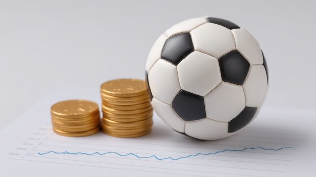 Soccer Ball on Financial Chart with Stacked Coins Representing Investment and Growth in Sports Industry and Fan Engagement in Modern Economy