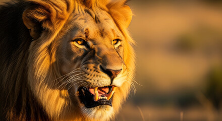 Fototapeta premium Majestic lion portrait close-up with golden mane and intense gaze symbolizing wildlife power, predator strength and nature photography