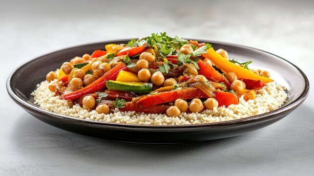 Traditional Moroccan tagine with spices and vegetables, served with couscous: A rich and aromatic Moroccan tagine with vibrant vegetables, chickpeas, and spices, paired with fluffy couscous and