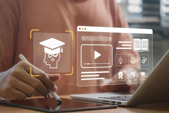 E-learning concept with man using stylus and laptop to access online education interface,showing graduation icon,digital course content,training materials,video tutorials and academic tools