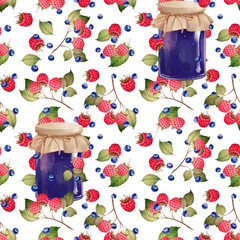Hand-drawn illustration of a seamless pattern of blueberry jam jars, fresh blueberries and raspberries on a white background