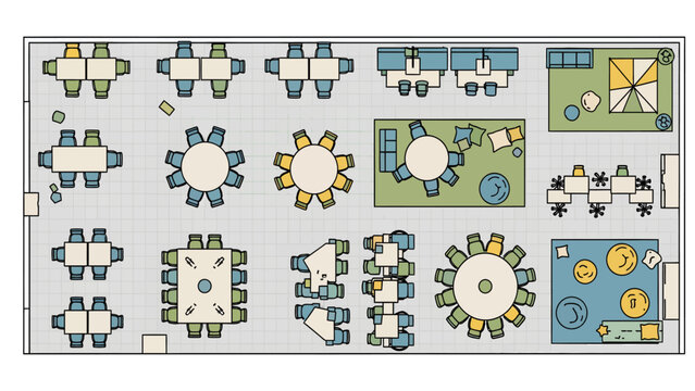 Schematic floor plan of a modern collaborative workspace or flexible learning environment with various furniture configurations