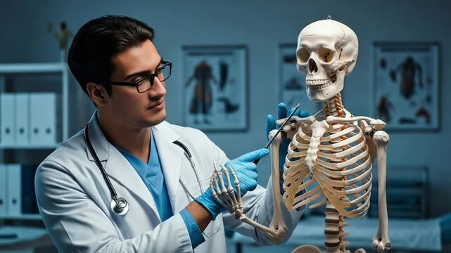 Doctor explaining skeletal system pointing at clavicle bone in hospital room