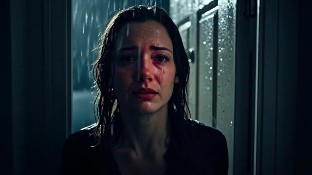 Distraught caucasian woman crying in pouring rain at doorway at night. cinematic moody banner. sadness, despair, and heartbreak concept