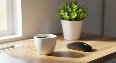 Minimalist home workspace desk with coffee cup, computer mouse, potted plant and natural window light representing productivity and lifestyle