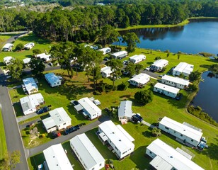 Aerial view of a mobile home park with a lake