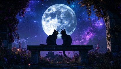 Two black cats on a stone bench under a full moon