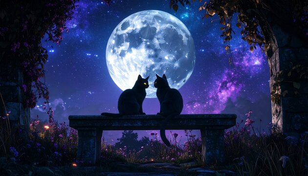 Two black cats on a stone bench under a full moon