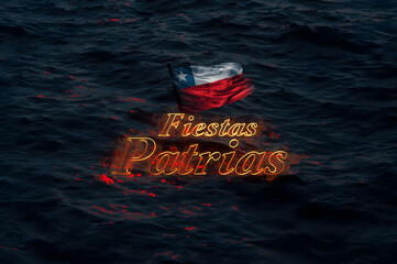 "Fiestas Patrias" Text with Waving Chilean Flag on Water