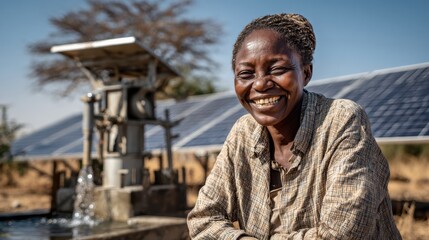 A joyful woman smiles next to a solar water pump in a sunlit landscape, showcasing renewable energy in action.