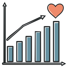 Bar chart showing upward trend with heart icon representing growth in love or popularity