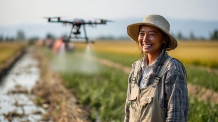A smiling farmer in a field with a drone spraying crops, showcasing modern agriculture technology in action.