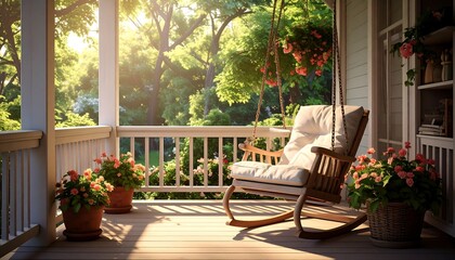 Sunny porch swing with roses