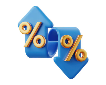 Blue arrows with percentage signs indicating increase and decrease in a rendered image on black background on transparent background
