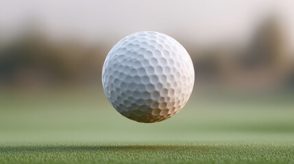 Floating Golf Ball in Air Above Green Grass Field with Blurred Nature Background and Soft Lighting for Sports and Recreation Themes
