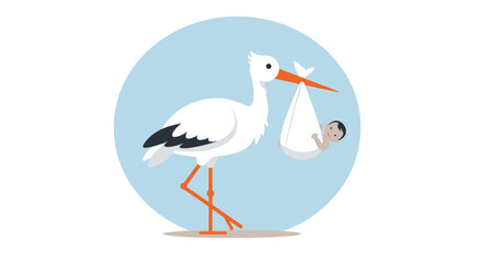 A charming Flat Design vector illustration of a stork carrying a baby bundle, a classic symbol of birth and new arrivals.