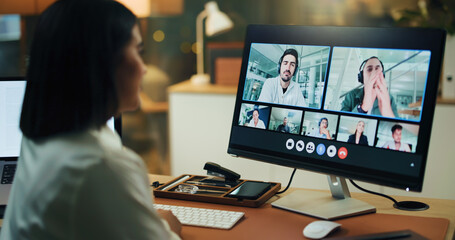 Video call, computer screen and team with business woman in office for night, b2b webinar and...
