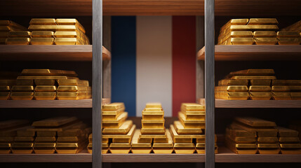 Golden bullions on the shelves with flag of France. Gold reserves concept