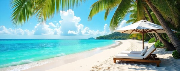 Naklejka premium Sun-drenched beach scene with luxurious cabana, pristine turquoise water, and swaying palm trees Perfect for relaxation and escape , escape, Caribbean, holiday luxury
