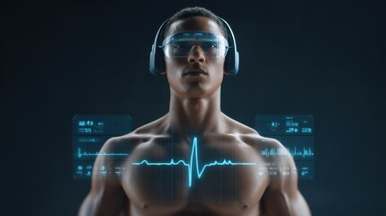 Futuristic Scene of a Young Man with Headphones and Augmented Reality Display Monitoring Health Metrics and Vital Signs in a Dark Environment