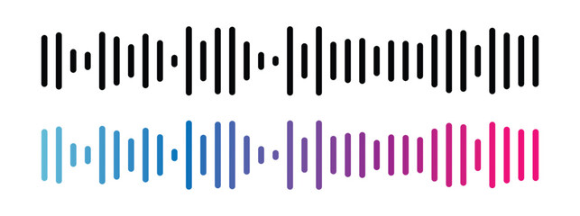 Gradient podcast sound wave visualization with blue purple pink frequency bars for audio interfaces. Dynamic waveform patterns for music streaming apps, recording software or media players in eps 10.
