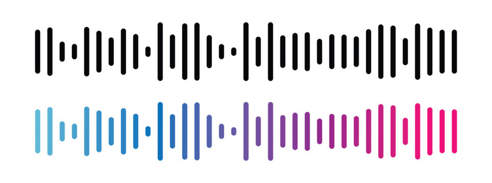 Gradient podcast sound wave visualization with blue purple pink frequency bars for audio interfaces. Dynamic waveform patterns for music streaming apps, recording software or media players in eps 10.
