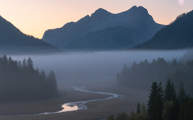 Serene Mountain Landscape at Dawn Misty Peaks and Tranquil Valleys