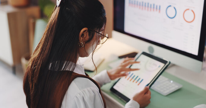 Woman, freelancer and tablet with graphs at house for accounting, analytics and finance balance. Above, female person and tech screen with stats analysis, financial market trends and risk management