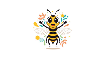 Obraz premium A cute cartoon bee with big eyes smiling and colorful floral elements around it.