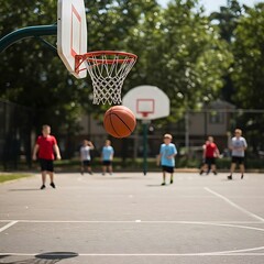 basketball going through a hoop and net on an outdoor court, with children playing in the blurred background, highlighting youthful recreation.