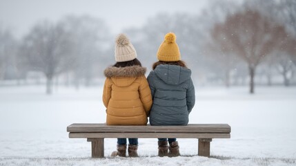 Two Friends Enjoying a Winter Day on a Bench Surrounded by Snowfall in a Peaceful Park Setting