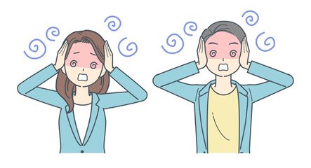 頭を抱えて混乱するジャケットを着た男性と女性のイラスト