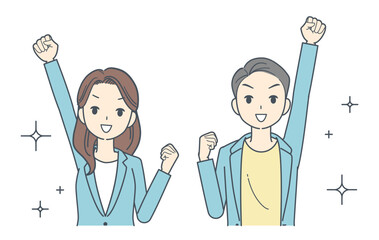 拳を突き上げてガッツポーズをするジャケットを着た男性と女性のイラスト
