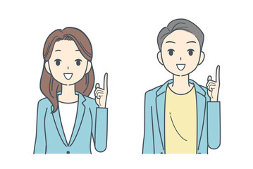 上に指をさすジャケットを着た男性と女性のイラスト