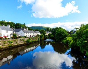 Obraz premium Picturesque village by a river under a blue sky