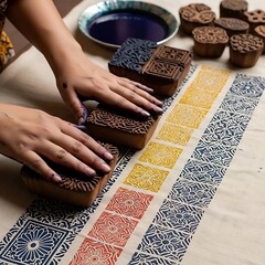 a person's hands actively block printing on a long piece of light-colored fabric. The fabric is adorned with a colorful, repetitive pattern. Several wooden stamps and small bowls of ink are arranged n