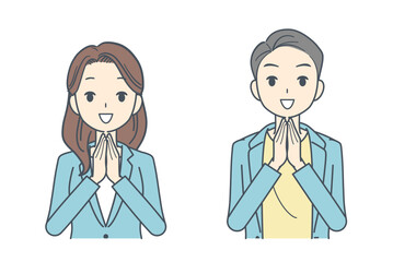 手を合わせるジャケットを着た男性と女性のイラスト