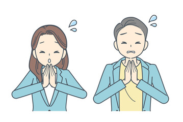 手を合わせて謝罪するジャケットを着た男性と女性のイラスト