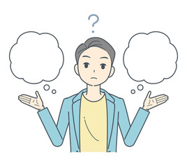 疑問符と共に考え込むジャケットを着た男性のイラスト