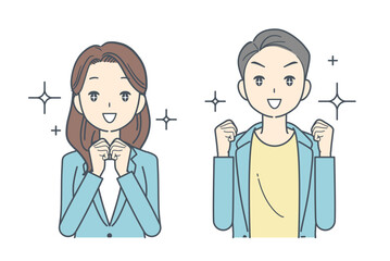 目を輝かせて興奮したジャケットを着た男性と女性のイラスト