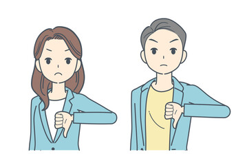親指を下げて否定するジャケットを着た男性と女性のイラスト