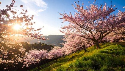 A hillside blossoming with pink flowers is bathed in warm sunlight as the sun sets, hinting at a peaceful evening