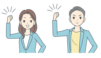 ガッツポーズをするジャケットを着た男性と女性のイラスト