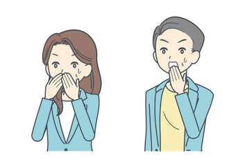 驚いて口を覆うジャケットを着た男性と女性のイラスト