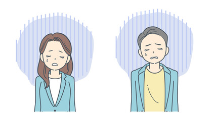 悲しそうに俯くジャケットを着た男性と女性のイラスト
