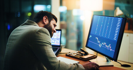 Research, stock market and computer screen with business man in office for trading, night and...